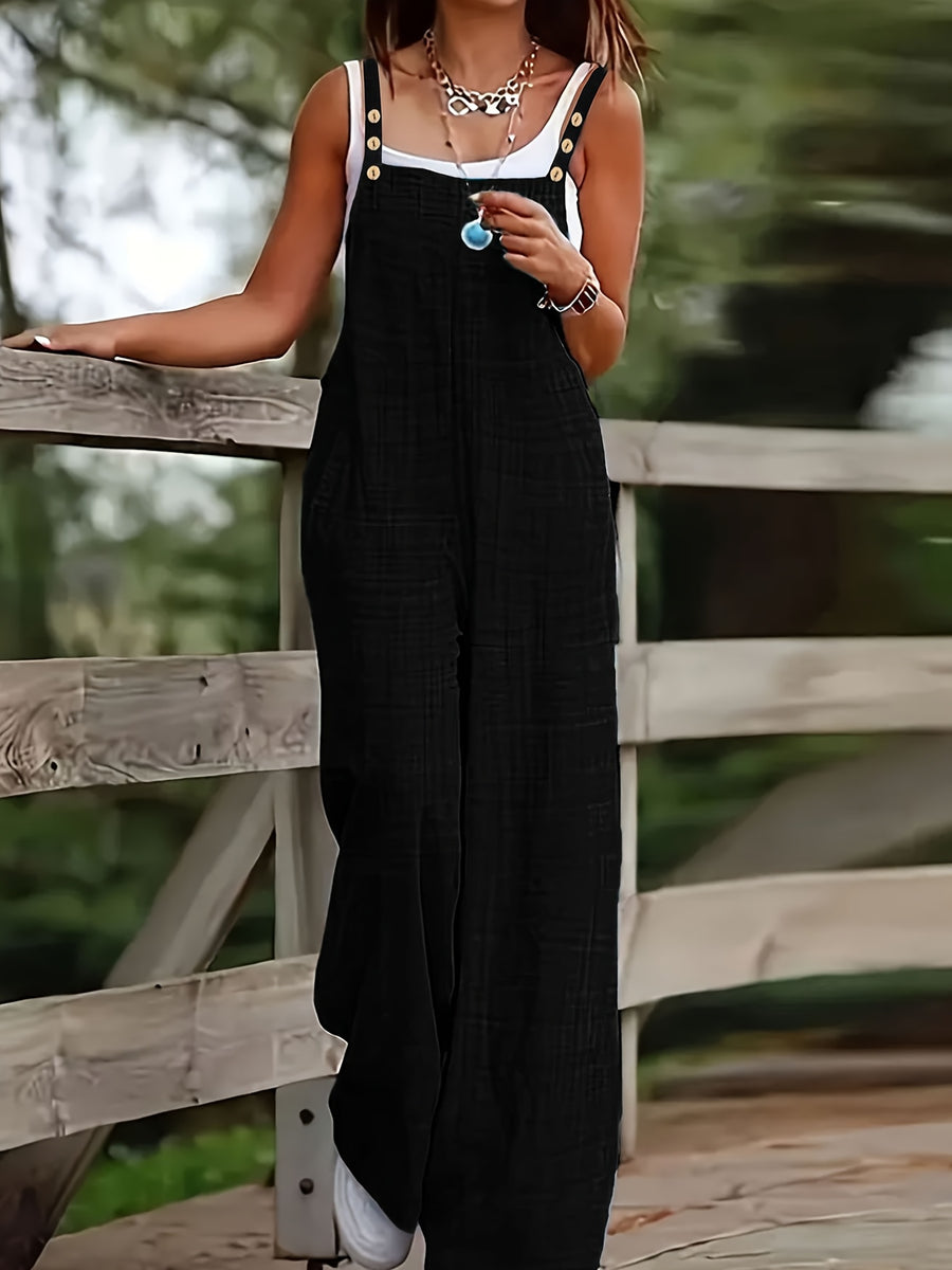 Women's Vacation Wide-Leg Jumpsuit - Sleeveless with Adjustable Buckle Straps, Pockets Included, Machine Washable, Solid Color - Black