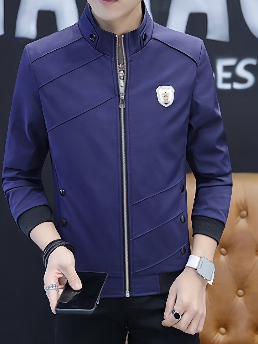 Men's Slim-Fit Stand Collar Jacket - Elegant Beige Polyester with Black Accents, Casual Business Style for Spring and Fall, Stylish Layering Piece | Zipper Closure Jacket | Tailored Fit - 10602 Badge - 888 Navy Blue