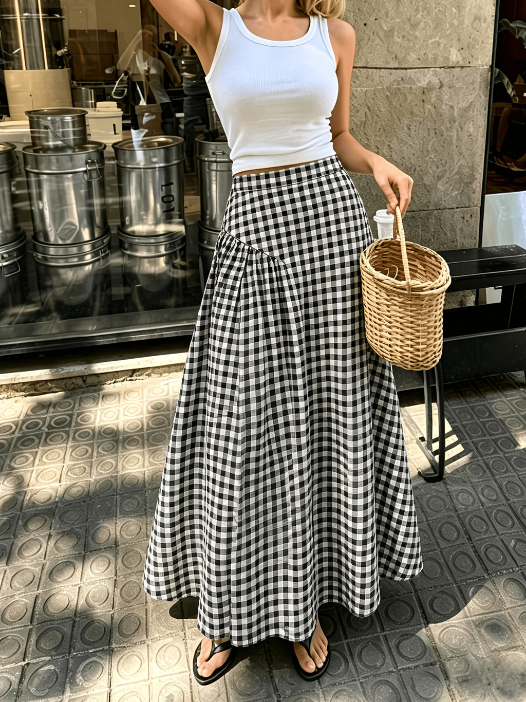 Women'S Spring Autumn Summer Bubble Texture Pleated Patchwork Long A-Line Umbrella Skirt, Summer/Fairy Style/Vacation/Casual/Daily/Versatile/High-Waist Design Flared Half Skirt/Ak260513102 - Black And White