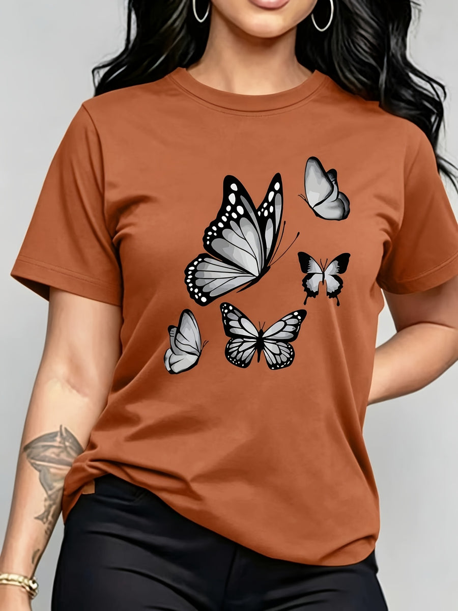 Spring And Summer Trendy Butterfly Print Women'S Casual Fashion Round Neck Short Sleeve T-Shirt, a Stylish Top for - Yellowish-brown