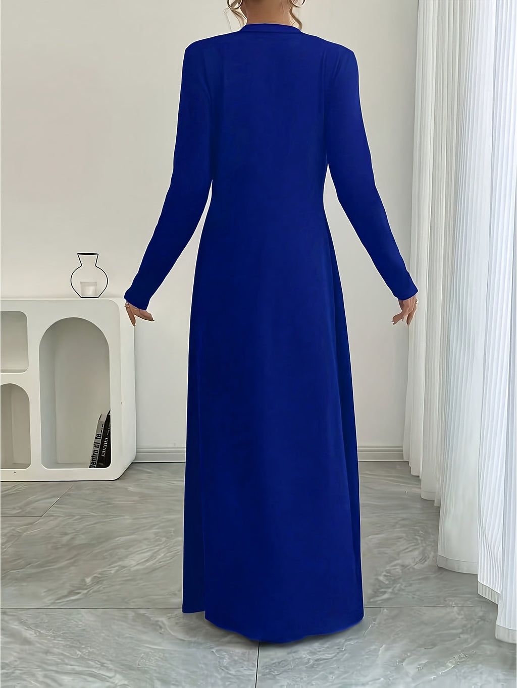 New Spring/Autumn Women's European and American Style Daily Solid Color Long Button-Up Cardigan, Long Sleeve, Slim Fit, Casual Commuter Outerwear - Blue