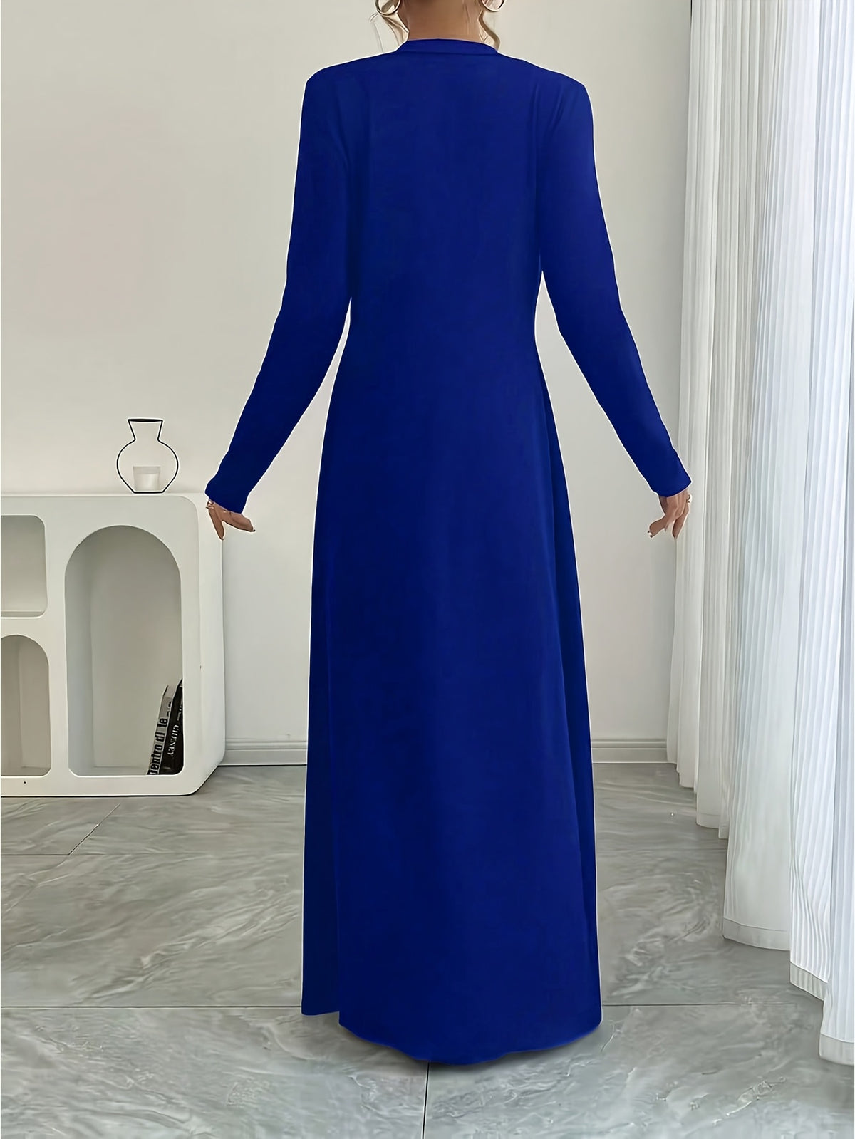 New Spring/Autumn Women's European and American Style Daily Solid Color Long Button-Up Cardigan, Long Sleeve, Slim Fit, Casual Commuter Outerwear - Blue