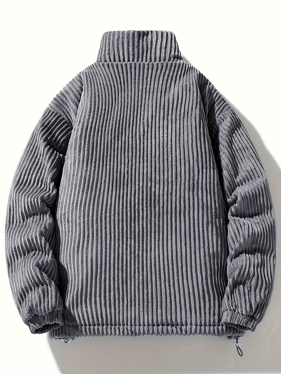 Men's Winter Corduroy Padded Coat with Thickened Lining, Faux, and Striped Design - Dark Gray