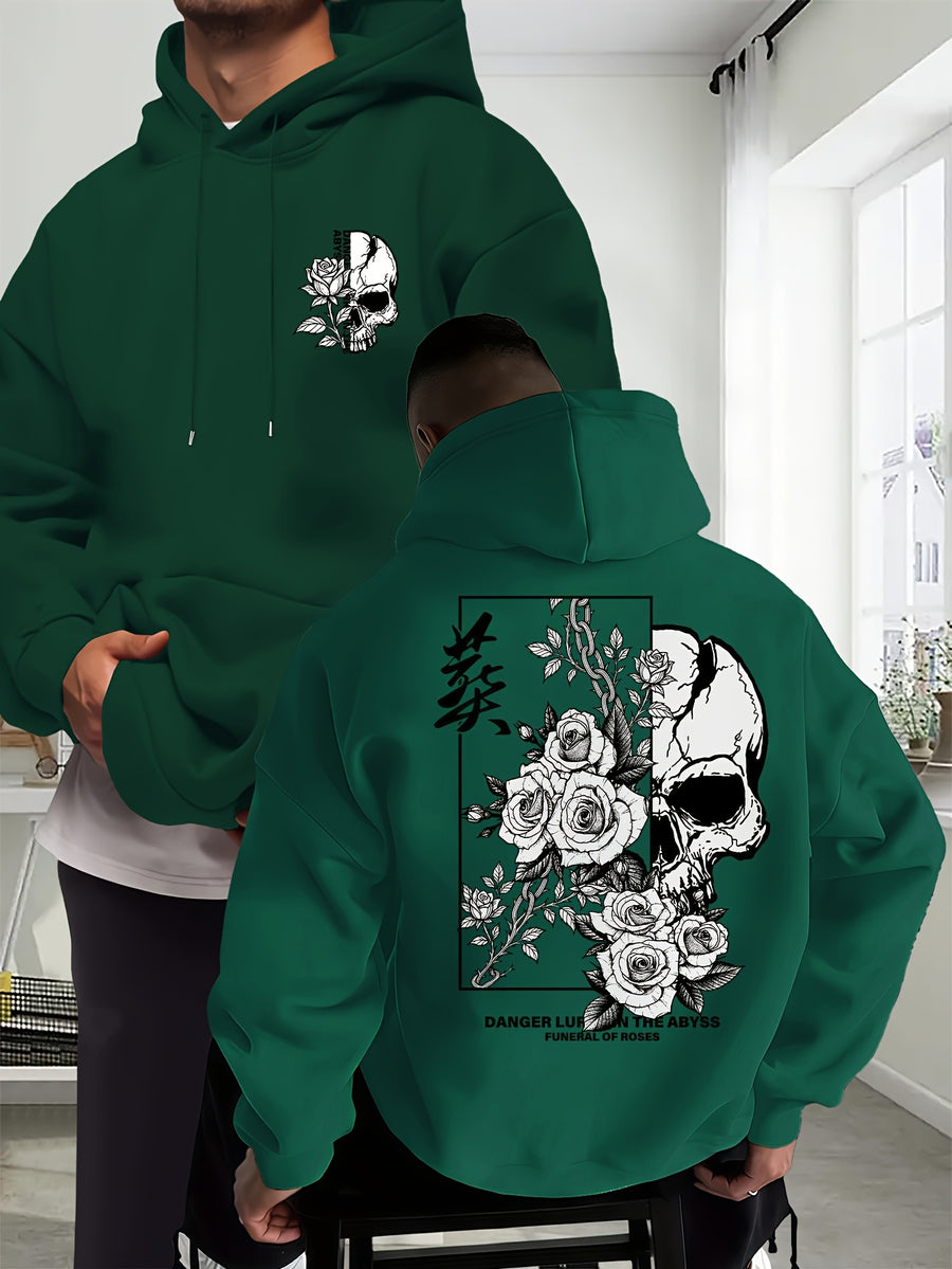 New Trendy Men'S Autumn And Winter Hooded Sweatshirt, Casual Everyday Drawstring Hoodie with Creative Design Print, Kangaroo Pouch Front Pocket, Unisex Tops - Dark Green