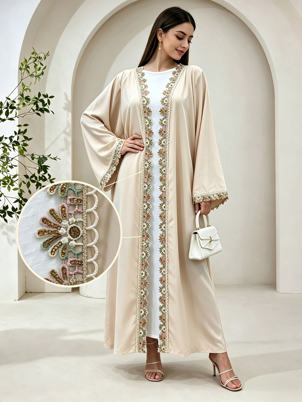 1pc Women's Elegant Modest Abaya Robe - Open Front Islamic Dress with Rhinestone Trim, Wide Flare Maxi Outerwear Suitable for Muslim Dress, Hajj, Ramadan, Dubai Arabic Robe Coat - Apricot