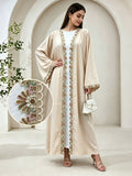 1pc Women's Elegant Modest Abaya Robe - Open Front Islamic Dress with Rhinestone Trim, Wide Flare Maxi Outerwear Suitable for Muslim Dress, Hajj, Ramadan, Dubai Arabic Robe Coat - Apricot