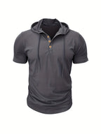 A Single Piece Men'S Casual Hooded Henley Shirt, Lightweight Sports T-Shirt for Summer That Wicks Moisture And Is Breathable, Featuring a Solid Color, Short Sleeves, Button Details at The Neckline, Adjustable Drawstrings for The Hood, Regular Fit - Dark Gray