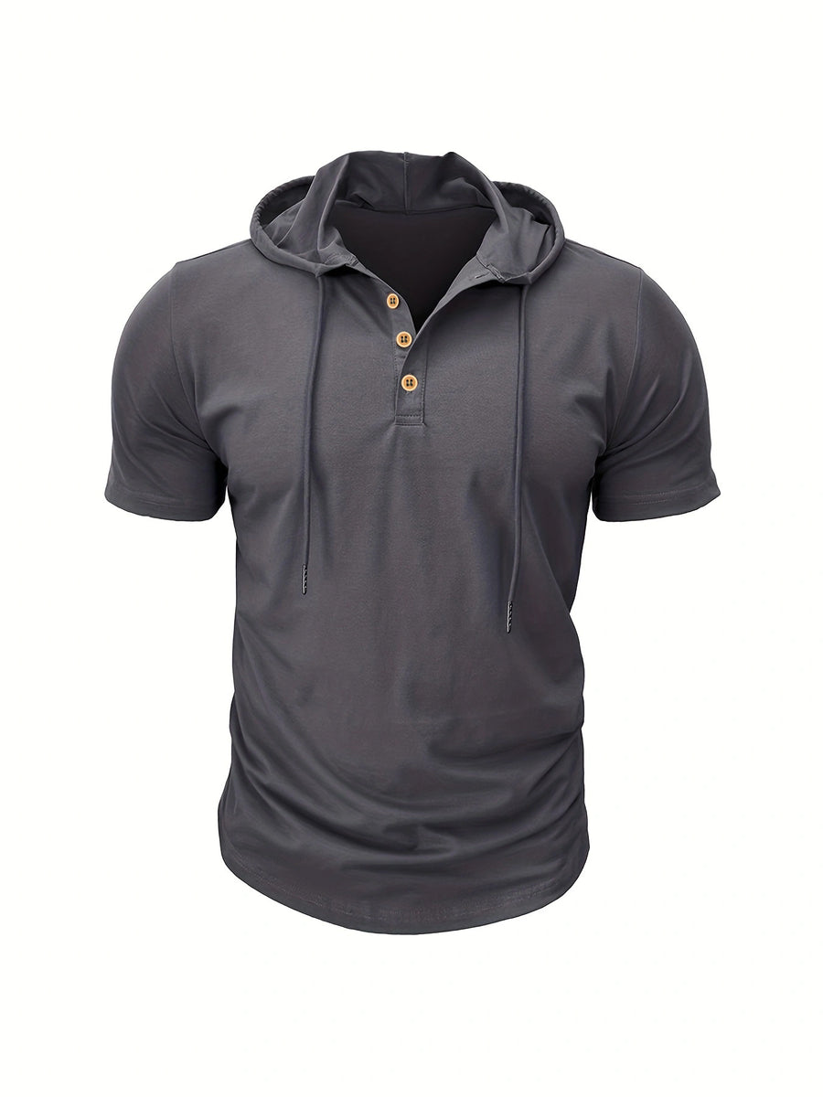 A Single Piece Men'S Casual Hooded Henley Shirt, Lightweight Sports T-Shirt for Summer That Wicks Moisture And Is Breathable, Featuring a Solid Color, Short Sleeves, Button Details at The Neckline, Adjustable Drawstrings for The Hood, Regular Fit - Dark Gray