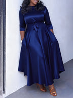 Western Fashion Temperament Solid Round Neck Tie-Up Three-Quarter Sleeve Dress - Navy Color