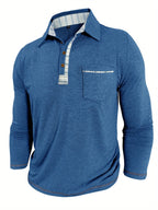 Men'S Retro Trendy Fashion Lapel Long Sleeve Polo Shirt, Casual Stylish Pocket Top T-Shirt - Blue