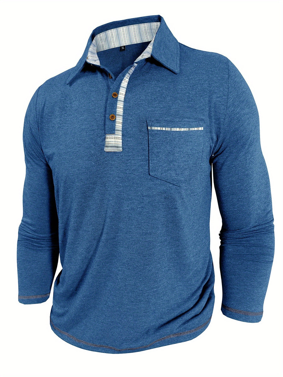 Men'S Retro Trendy Fashion Lapel Long Sleeve Polo Shirt, Casual Stylish Pocket Top T-Shirt - Blue