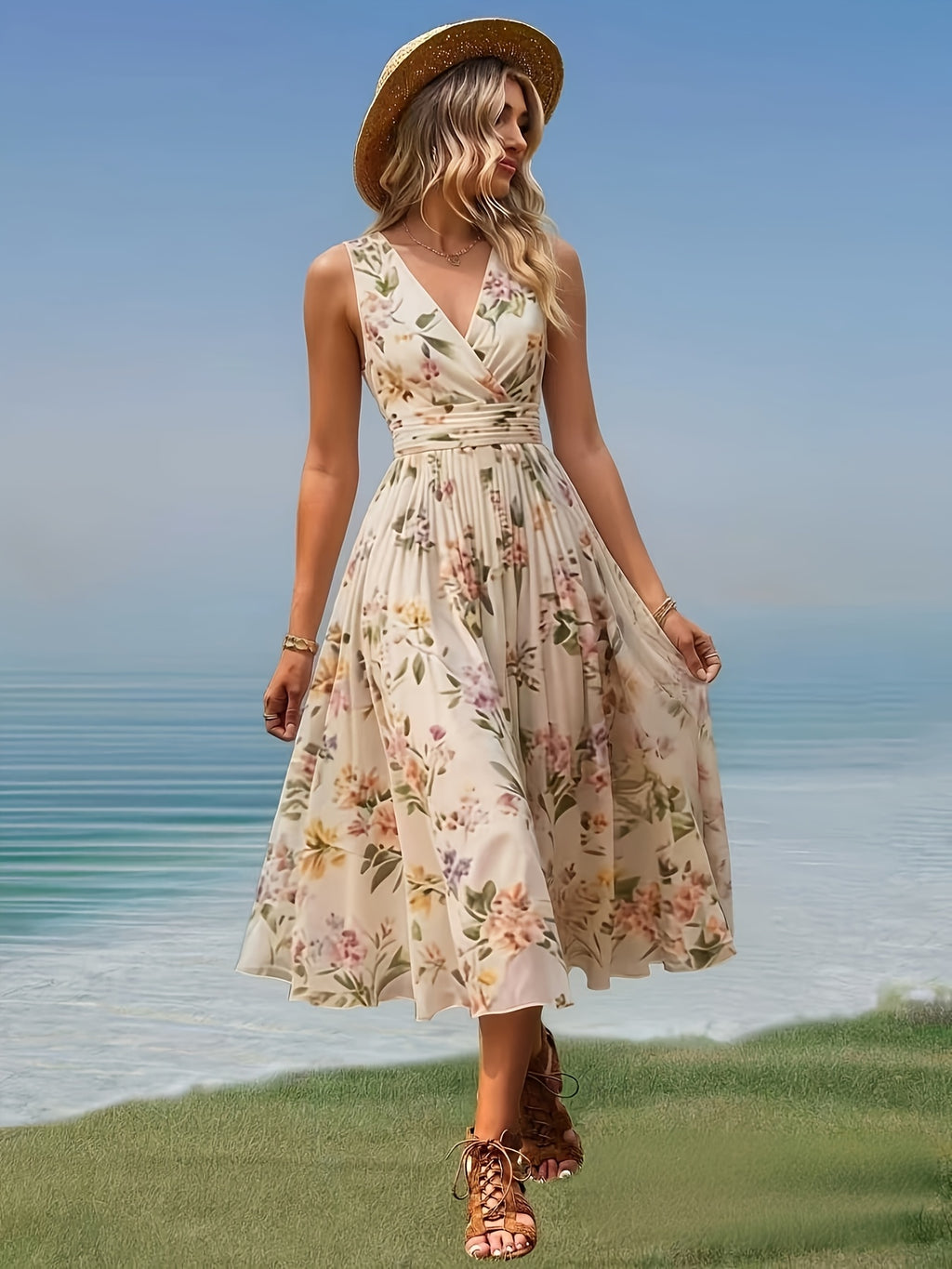 Elegant Exquisite Fashionable Women'S Dress Bridesmaid Dress, Sexy V-Neck Waist Shirred Waist Cinching Design, Draping Chiffon Pleated A-Line Hem, Back Invisible Zipper Design, Suitable for Daily Commute Dating Wedding Vacation Wear - Multicolor