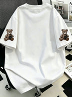 Plus Size, Plus-size Women's Crossbody Bag with Bear Print, Round Neck Short-sleeve T-shirt. Suitable for Summer Vacations, Beach, Holidays, Spring, Valentine's Day, Carnivals, Mother's Day Gifts; a Gift for Mom. Suitable for Daily Wear - White