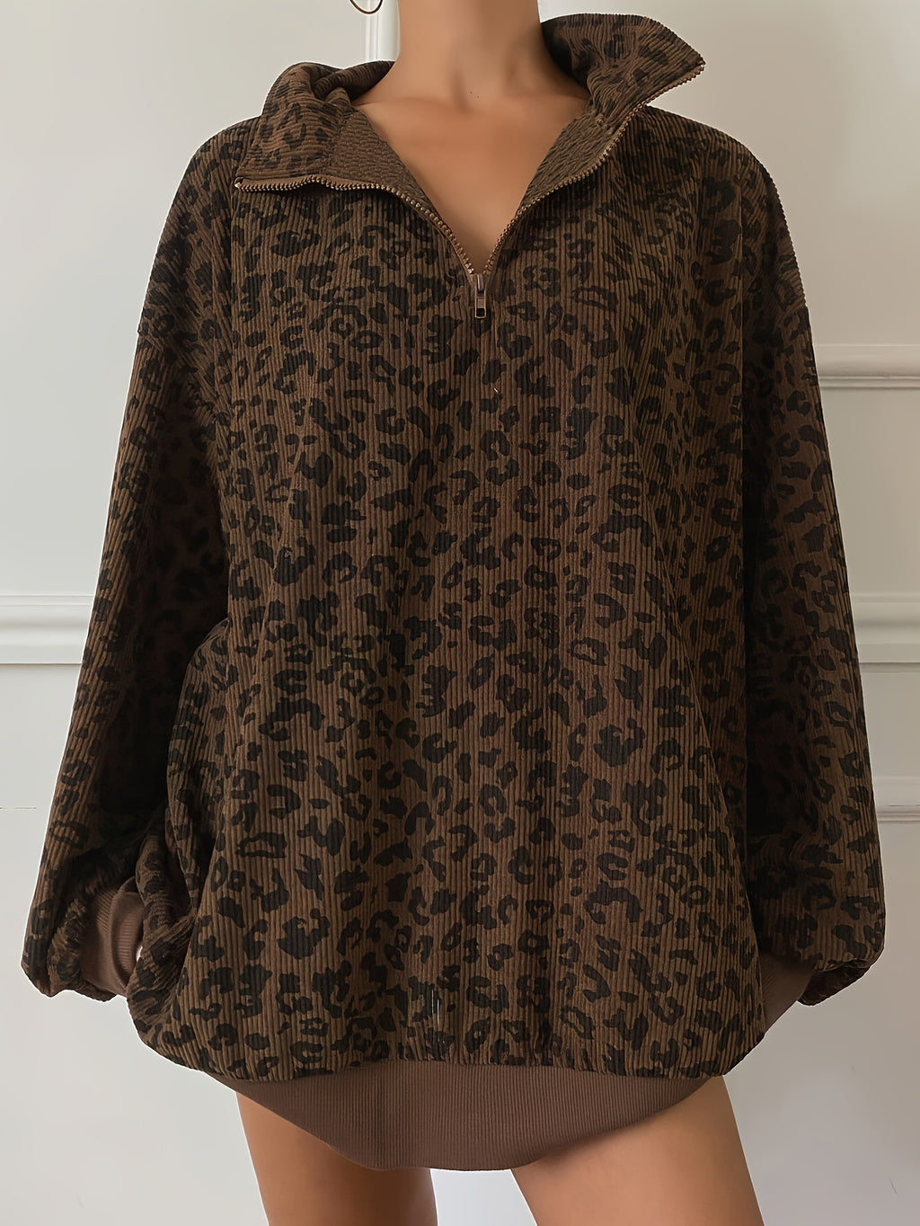 Spring/Summer/Autumn Women's Casual Zip-Up Long Sleeve Leopard Print Sweatshirt with Turn- Collar - Dark Brown