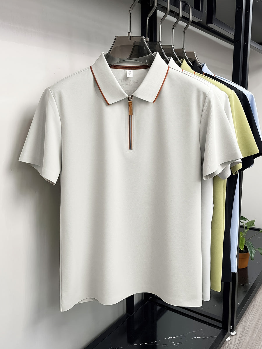 Men'S Zip-Up Polo Shirt, Summer Business Casual Contrast Collar Short Sleeve T-Shirt, Breathable Quick-Dry Commute Top, Men'S Athletic Polo Shirt, Summer Commute Men'S Clothing - Beige