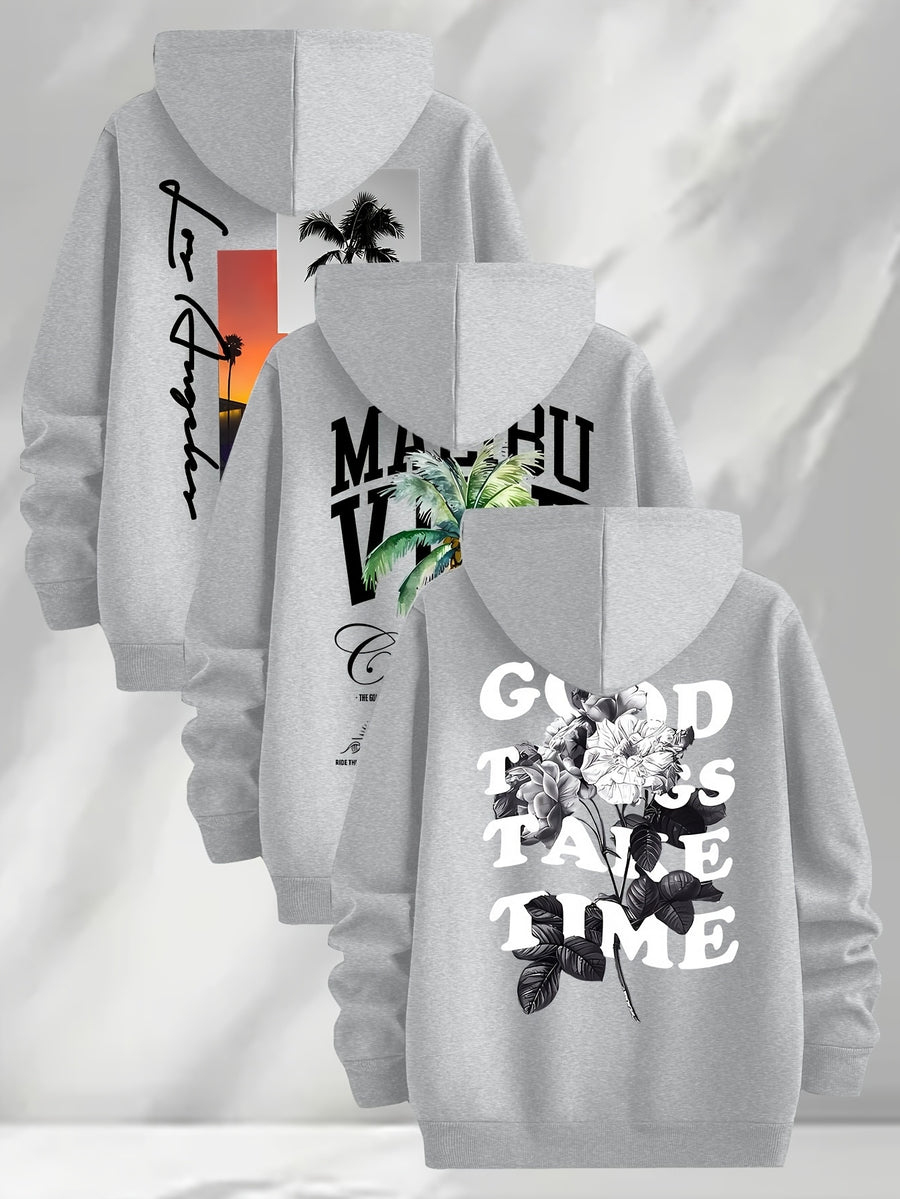 3pcs Trendy Print Sweatshirt, Men's Casual Hooded Sweatshirt, Long-sleeve Pullover, Slightly Stretchy, Knitted Polyester Fabric, Regular Fit Men's Hoodie - Light Grey