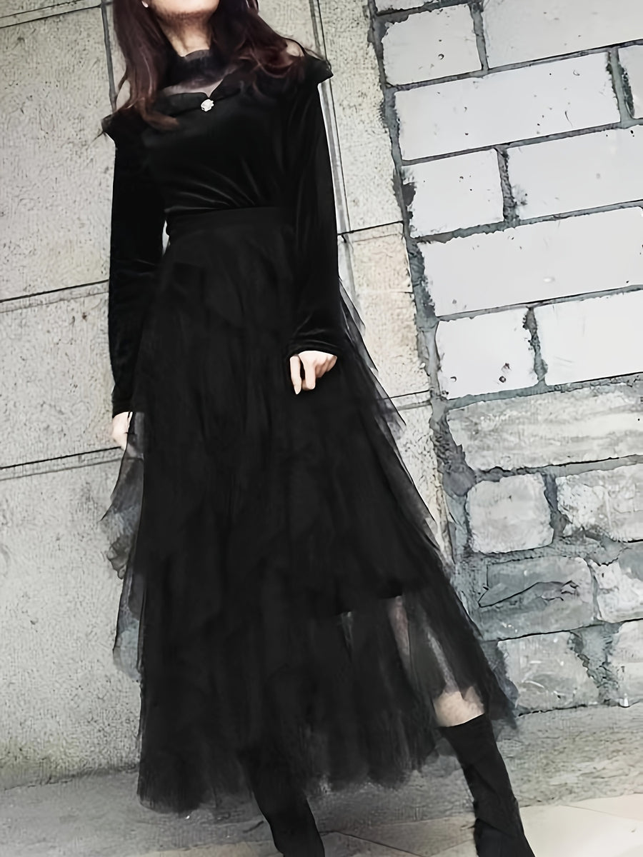 Classic Mesh Irregular Fairy Dress - Black
