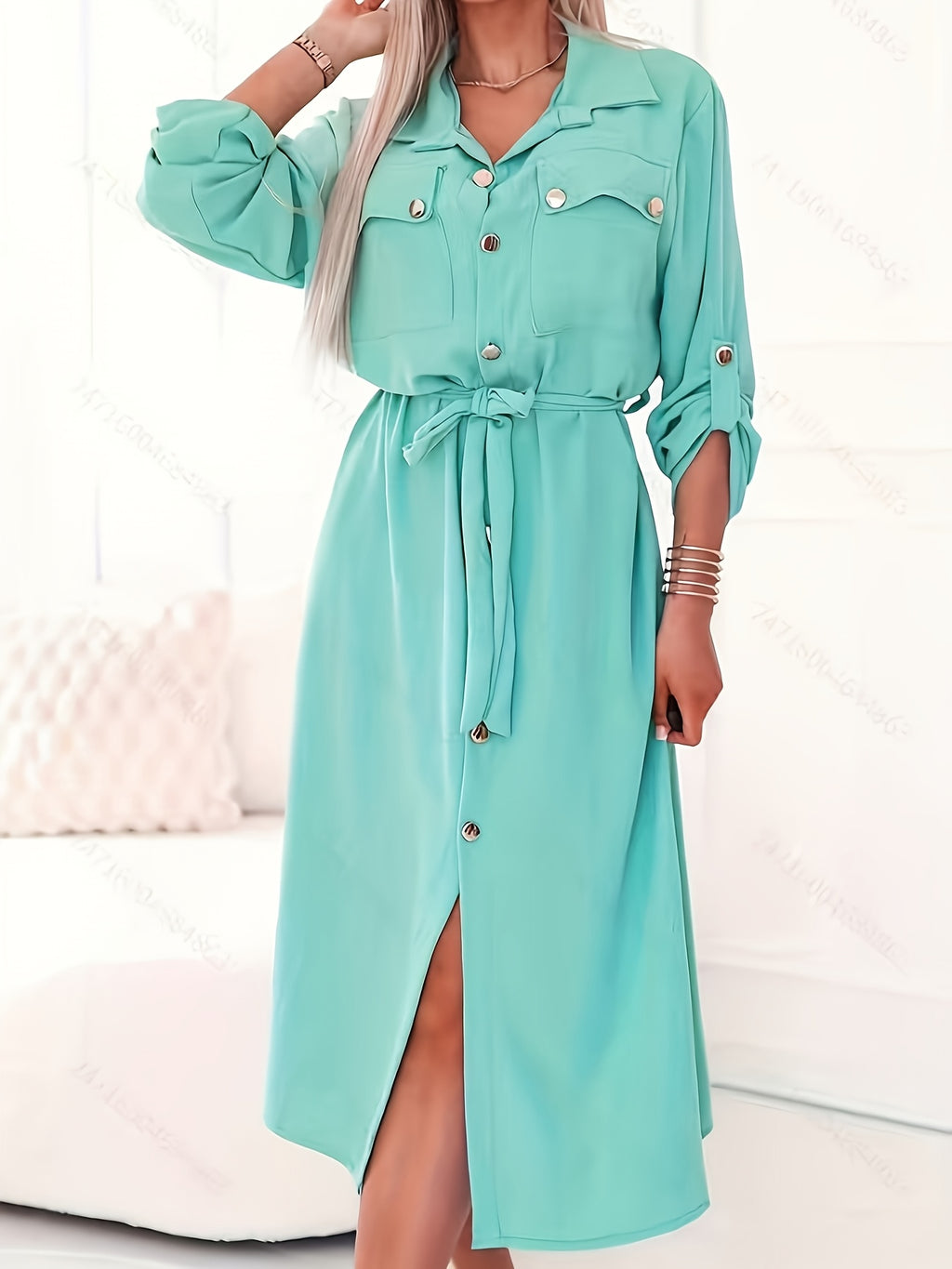 Elegant Mint Green Shirt Dress for Women, Long Sleeve Waist-Cinching Tie-Waist Midi Dress, New Spring/Summer Casual Lapel Pocket Midi Dress, for Daily Workplace Commute Wear, Holiday Parties and Dates, Outings and Vacations - Mint Green