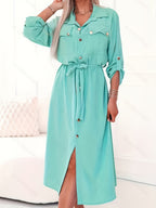 Elegant Mint Green Shirt Dress for Women, Long Sleeve Waist-Cinching Tie-Waist Midi Dress, New Spring/Summer Casual Lapel Pocket Midi Dress, for Daily Workplace Commute Wear, Holiday Parties and Dates, Outings and Vacations - Mint Green