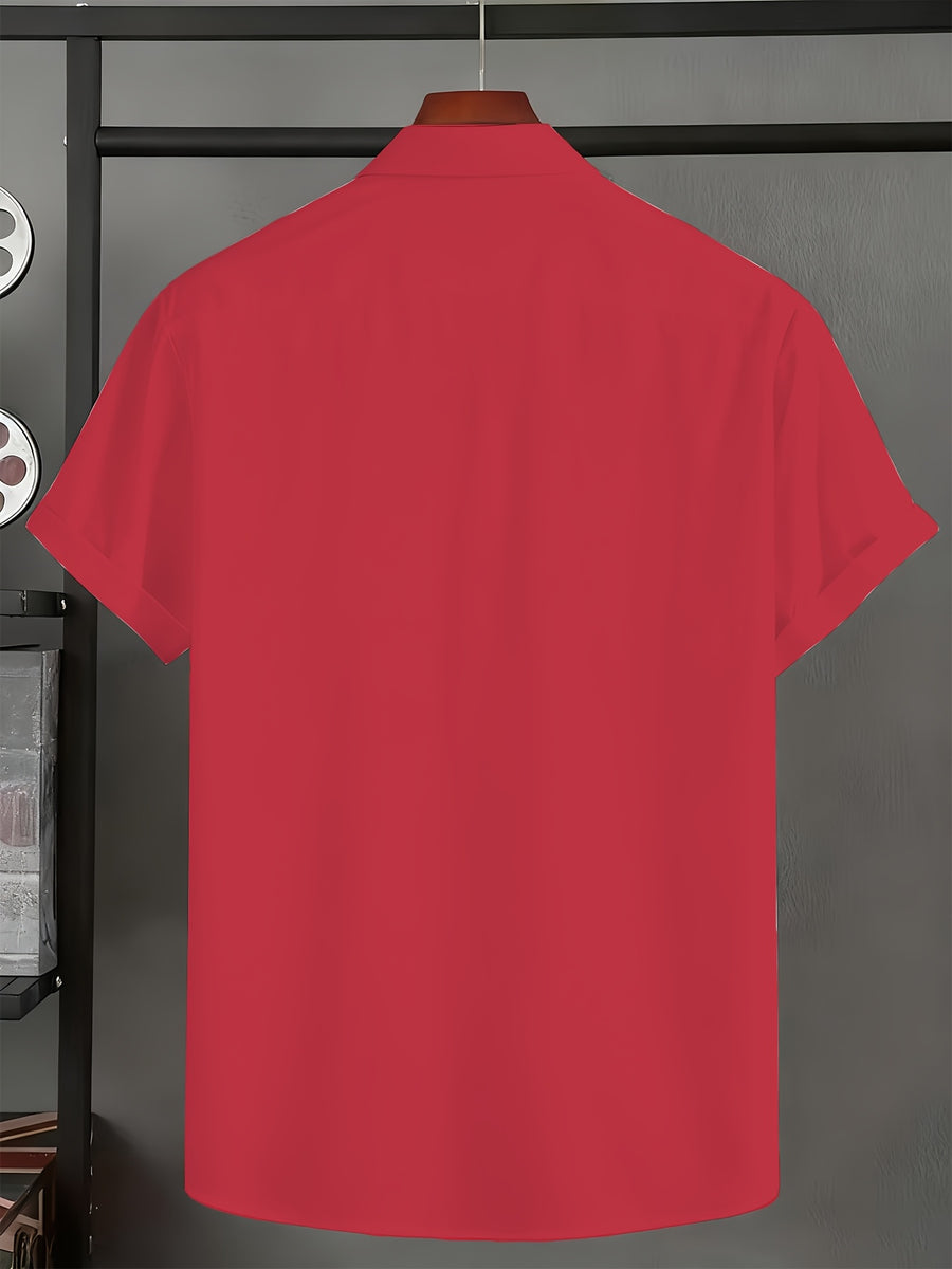 Men'S Solid Color Short Sleeve Shirt, Summer Lightweight Breathable Fabric, Classic Collar, Loose Fit, Textured Fabric, Suitable for Casual, Office & Weekend Wear, Short Sleeve Top, Non-Stretch Material, Durable Casualwear, Outdoor Casual - Red