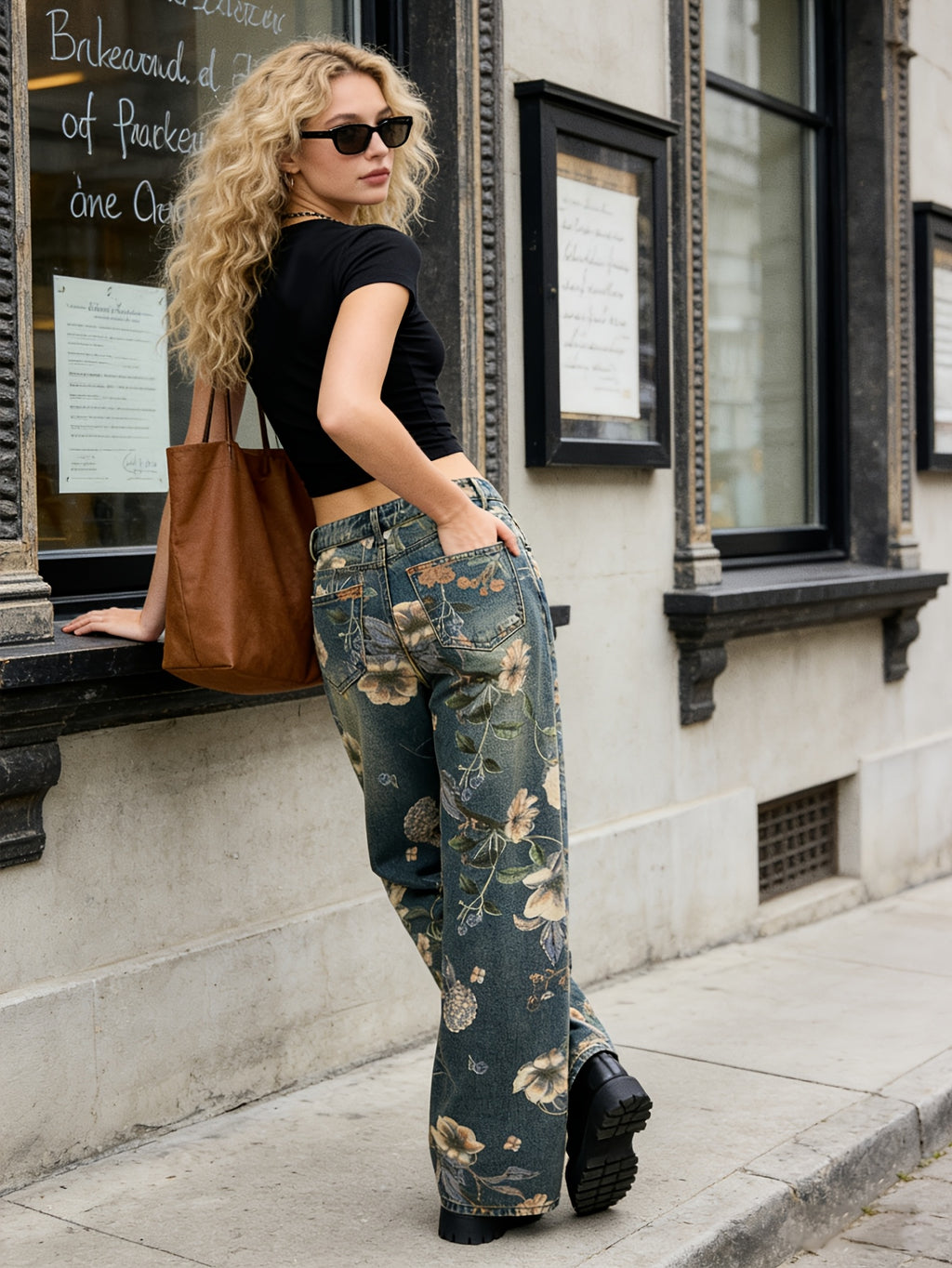 Vintage Boho Low-Rise Wide Leg Jeans for Women, Floral Print Whiskering Denim Trousers - Light Blue