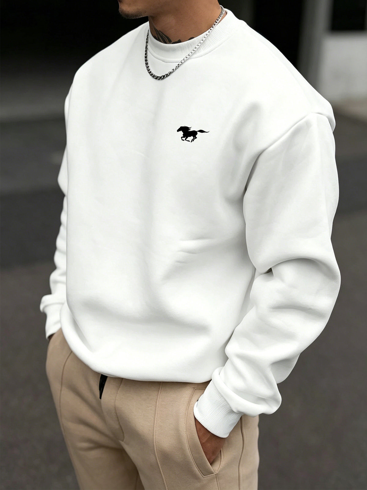 Men's Basic Crew Neck Sweatshirt with Small Galloping Horse Print on Left Chest, Casual Long Sleeve Top, Loose Fit, Versatile Solid Color Pullover Sport Sweatshirt (2) - White