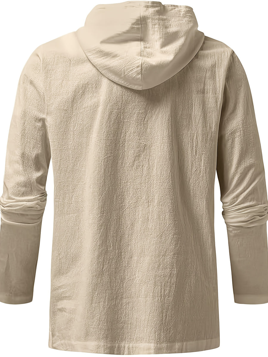 Men's Casual Sports Long Sleeved Hooded Sweatshirt, Drawstring, Solid Color Clothing, Suitable for Daily Use, Casual Exercise Use - Khaki