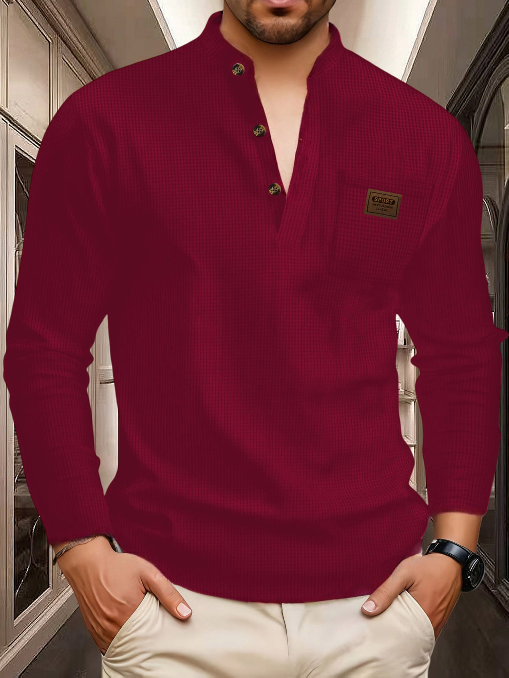 Josh Mei Selection: 2026 New Men's Stand Collar Waffle Texture Long Sleeve Shirt, Three-Button Half Open Lapel with Pocket, Lightweight and Comfortable Basic Top for Daily Outings - Burgundy