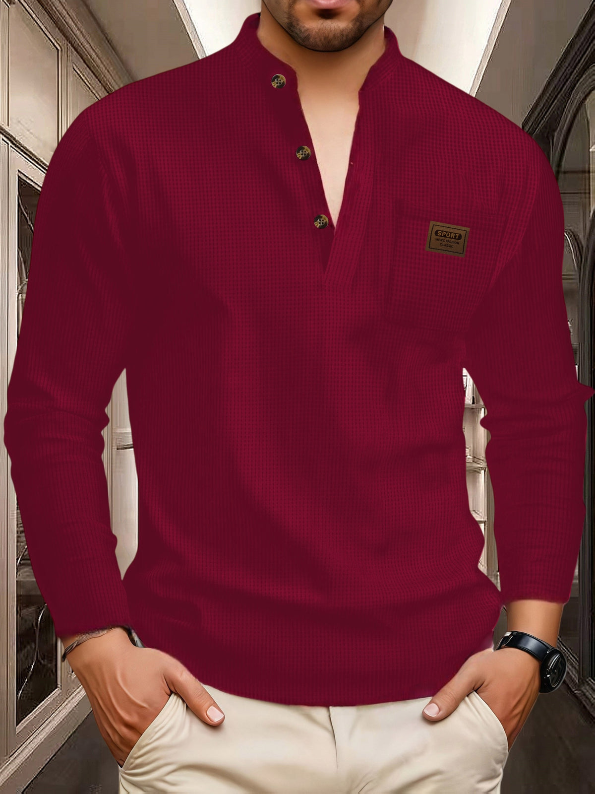 Josh Mei Selection: 2026 New Men's Stand Collar Waffle Texture Long Sleeve Shirt, Three-Button Half Open Lapel with Pocket, Lightweight and Comfortable Basic Top for Daily Outings - Burgundy