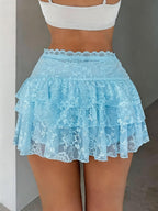 Women's Sexy Low Waist Flared Mini Skirt, Sheer Lace Trim, Party & Night Out, Breathable Fabric - Sea Salt Blue