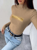 Women'S Autumn Winter New Style Semi-High Neck Fitted Top, Can Be Worn Inside Or Outside, Elastic Fabric, Soft And Skin-Friendly Warm, Easy Waist-Cinching Cut, Casual All-Match "Golden Stripes Logo Design" - Khaki