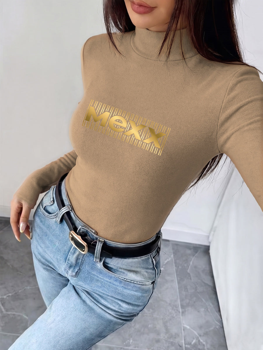 Women'S Autumn Winter New Style Semi-High Neck Fitted Top, Can Be Worn Inside Or Outside, Elastic Fabric, Soft And Skin-Friendly Warm, Easy Waist-Cinching Cut, Casual All-Match "Golden Stripes Logo Design" - Khaki