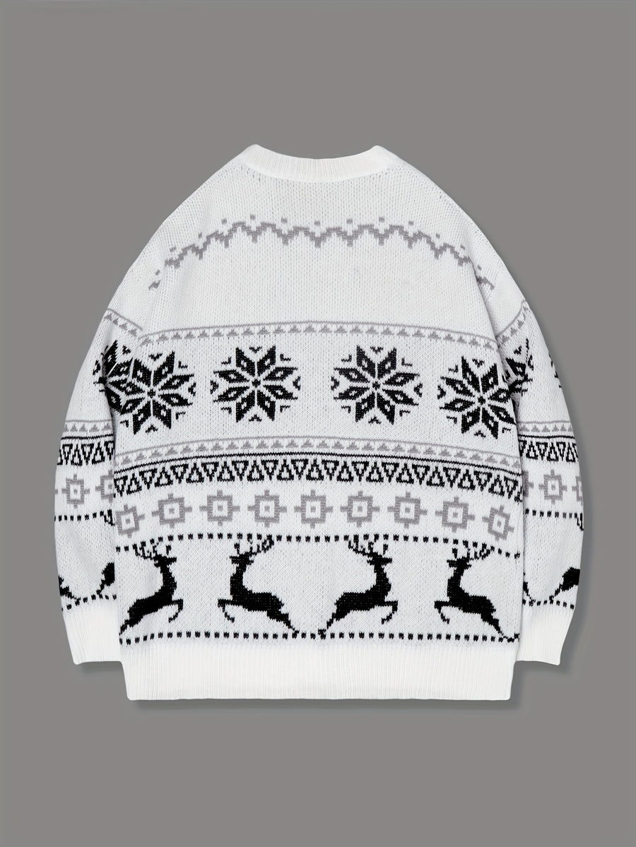 Men's Winter Snowflake and Elk All-Over Print V-Neck Button-Up Long Sleeve Cardigan, Unisex Casual Versatile Loose Sweater Jacket for Spring, Autumn, and Winter - Grey