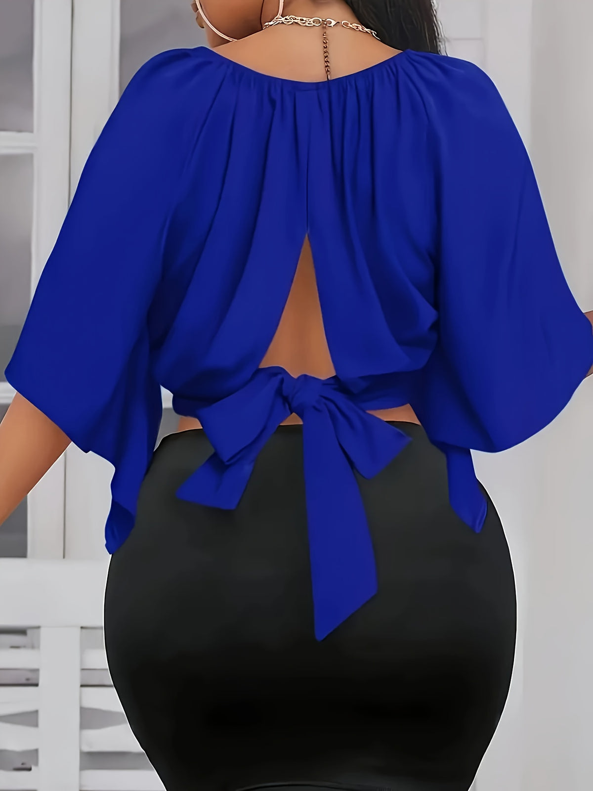 Tie Back Ruched Blouse, Elegant Solid Color Blouse For Spring & Summer, Women's Clothing - Blue