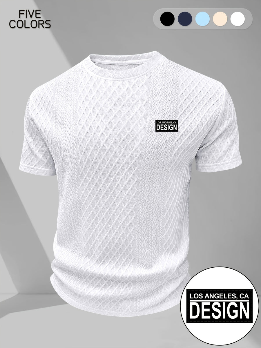 Men's Summer Casual Premium Textured Crew Neck Short Sleeve T-Shirt, Trendy Printed Pattern Design, Comfortable and Breathable Textured Fabric, Suitable for Outdoor Vacations and Daily Wear - White