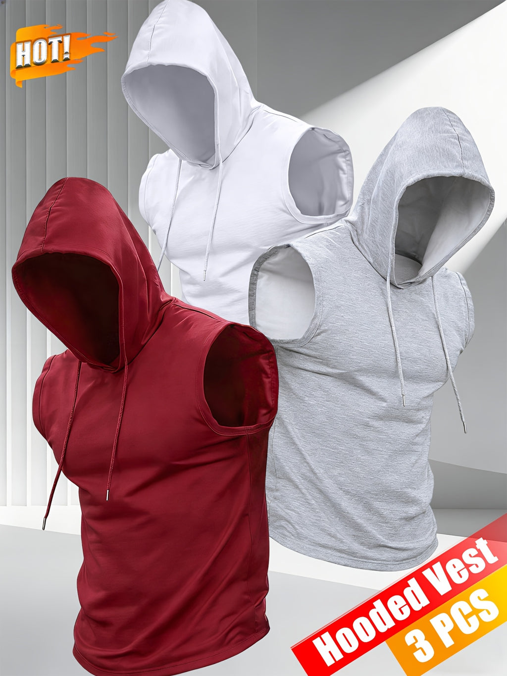 3pcs Men's Hooded Tank Tops, New Summer Style, Skin-Friendly and Breathable Fabric, Sleeveless Loose Fit for a Slimming Look, Versatile for Daily Fitness, Sports, and Streetwear, Essential for Men's Refreshing Summer Outfits - Red+gray+white