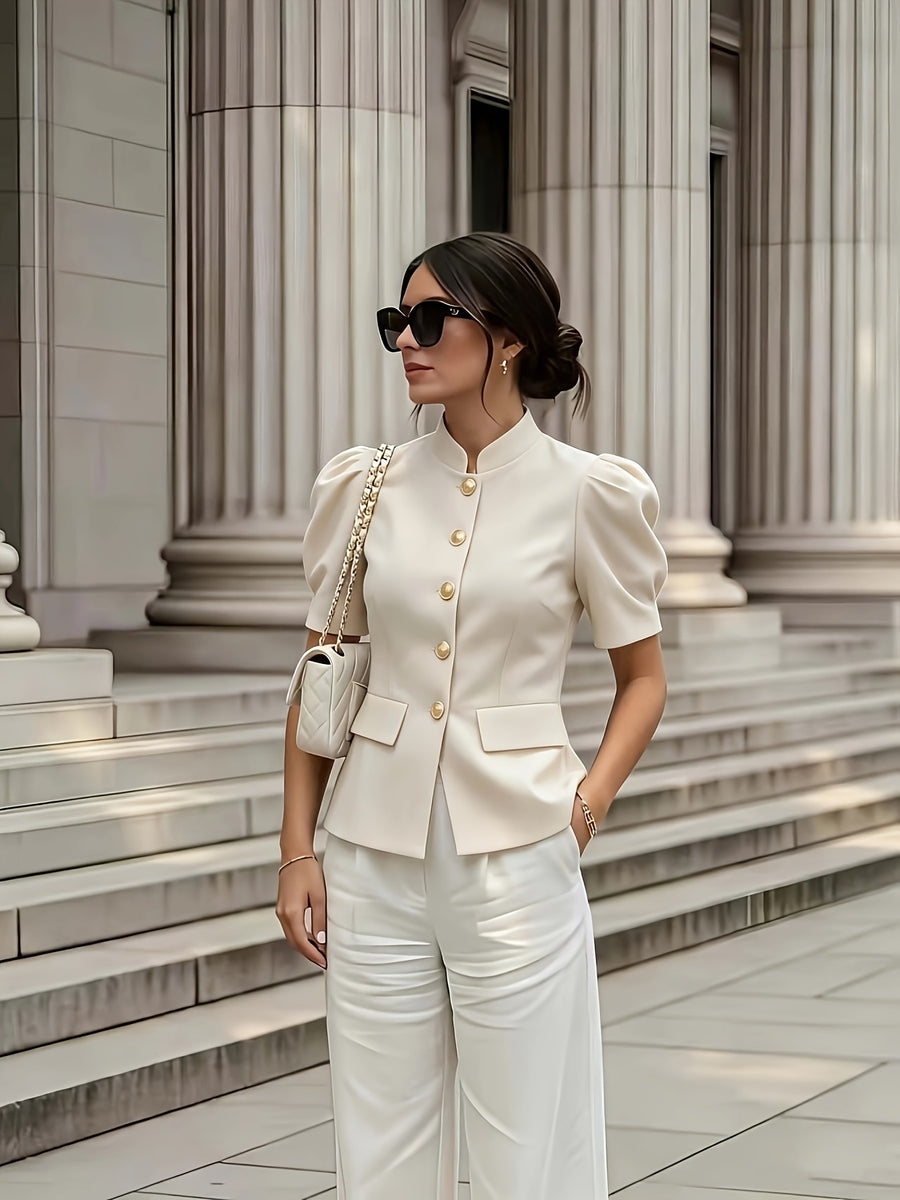 Fashionable and Elegant Women's Solid-color Stand-up Collar Princess-style Short-sleeve Jacket with Faux Pockets, Open Front, Single-breasted, and Casual Suit Jacket, Suitable for Commuting, Vacation, Business, and Daily Casual Wear - Off-white