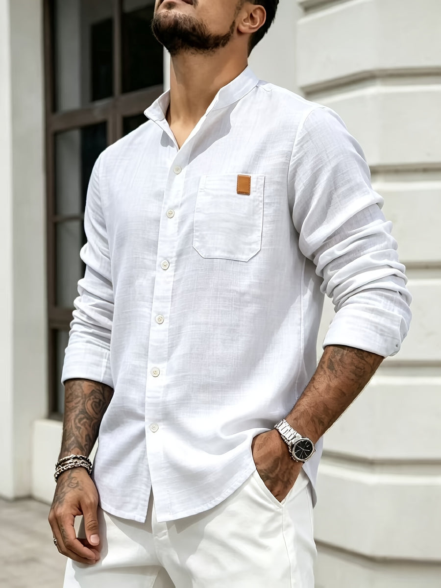 Men's Simple Solid Color Shirt with Stand Collar and Long Sleeves - White