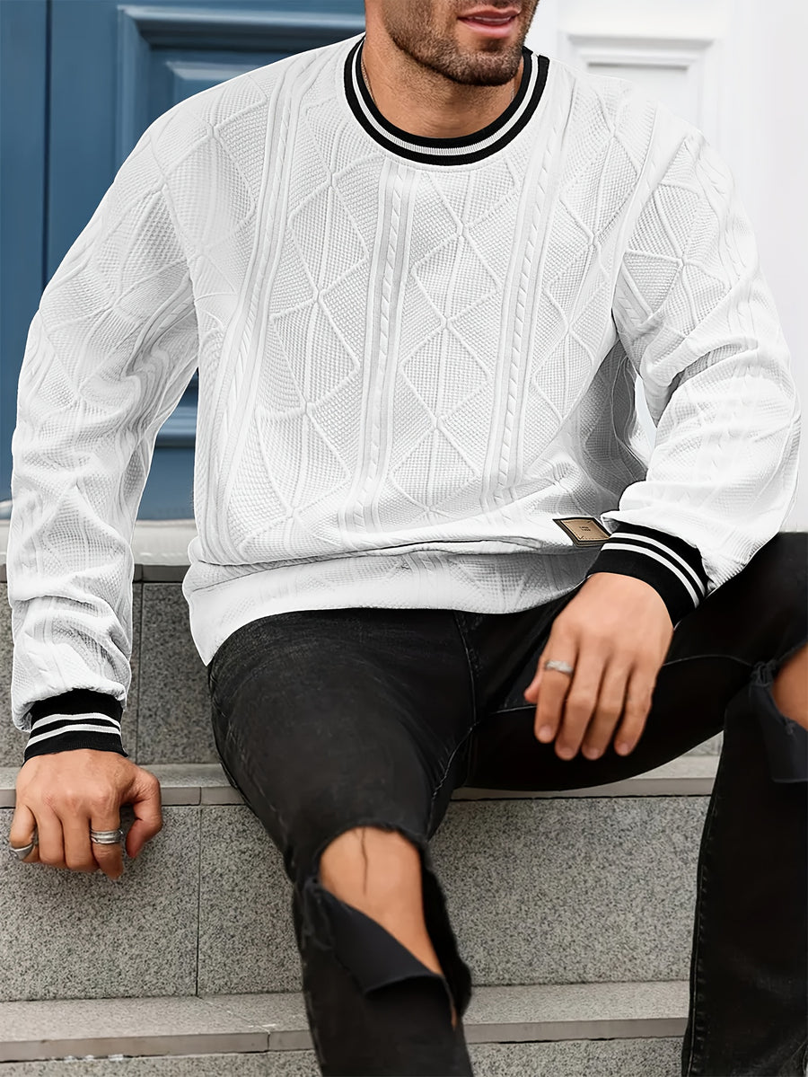New Men's Casual Fashionable Sporty Cool Versatile Trendy Stylish 3D Jacquard Fabric High Street Popular Knitted Flatbed Collar Crew Neck Sweatshirt - White
