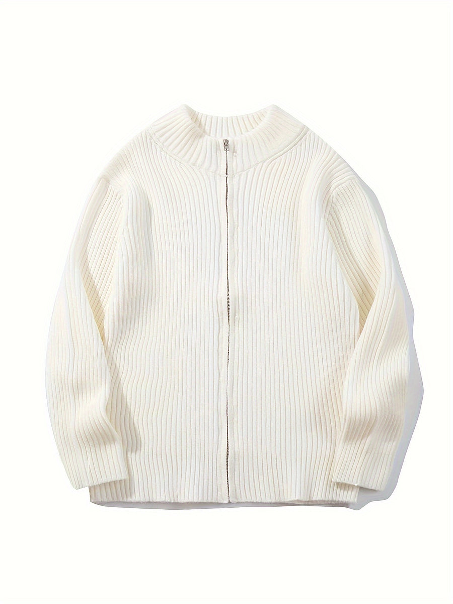Autumn/Winter Style Men's and Women's Casual Versatile Simple Fashionable Temperament Stand Collar Ribbed Zipper Long Sleeve Outerwear Lapel Fabric Knit Cardigan Sweater - White