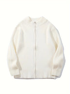 Autumn/Winter Style Men's and Women's Casual Versatile Simple Fashionable Temperament Stand Collar Ribbed Zipper Long Sleeve Outerwear Lapel Fabric Knit Cardigan Sweater - White