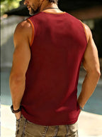 Men's Three-Button Henley Collar Sleeveless Vest with Contrast Binding, Round Neck, Summer Solid Color Casual Sportswear Top - Burgundy