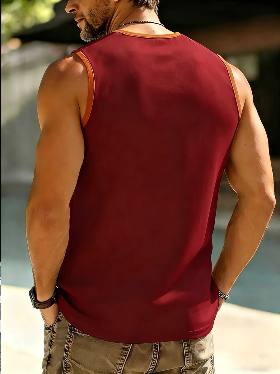 Men's Three-Button Henley Collar Sleeveless Vest with Contrast Binding, Round Neck, Summer Solid Color Casual Sportswear Top - Burgundy