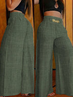 【imitation denim】[Printed Pants - Not Faux Denim Fabric]Women'S Elegant And Fashionable Faux Denim Waist Metal Buckle Elastic Waist Wide-Leg Pants, Solid Color Casual Comfortable Commuting Street Vacation Slightly Loose Straight-Leg Pants - Olive Green