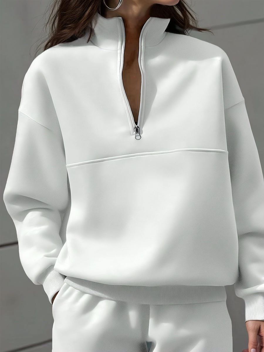 Elegant Special Women'S Solid Color Zip-Up Long Sleeve Sweatshirt - White