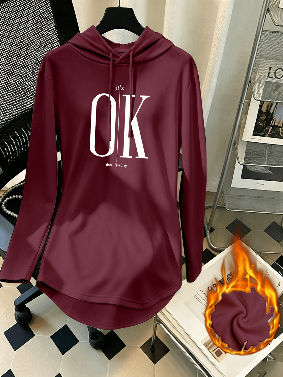 Women's Mid-Length Hooded Sweatshirt, Loose Fit, Hip-Covering, Letter Print, Drawstring Pullover Top - Burgundy