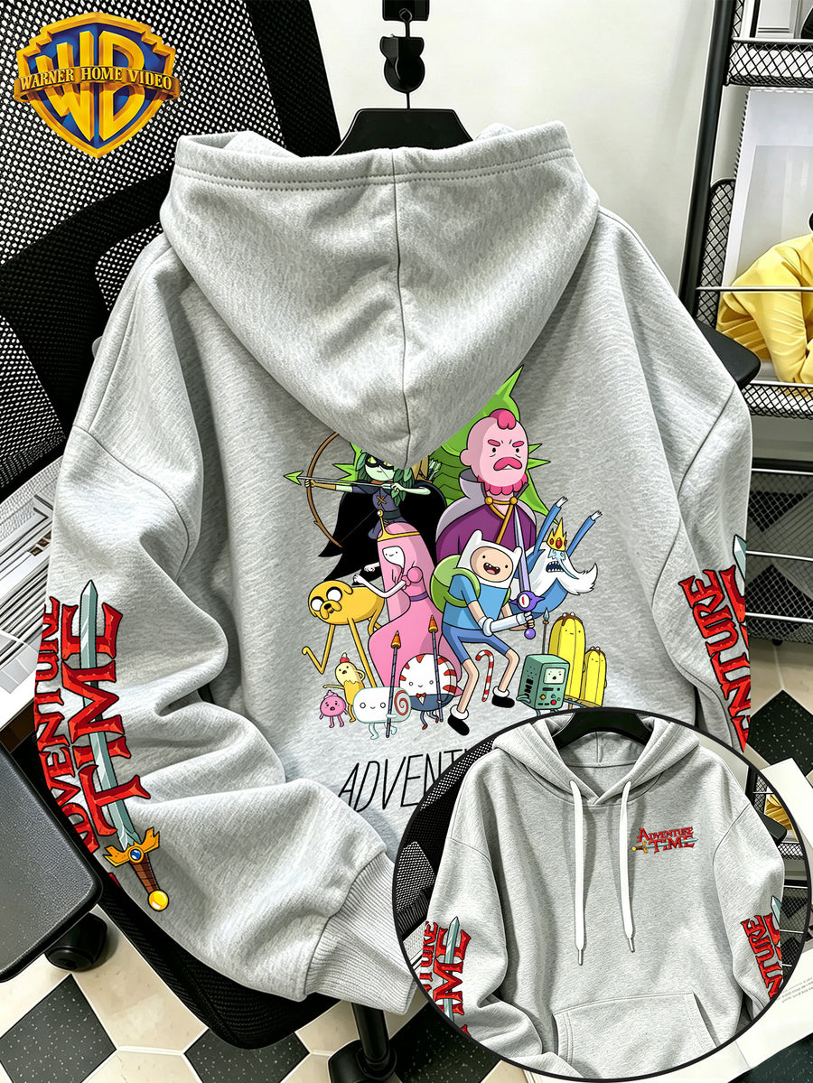 Warner Bros. Men's New Trendy Hoodie, Adventure Time Full Cast Collection Cartoon Graphic Print, Casual Hooded Sweatshirt, Daily Drawstring Loose Pullover Top, Machine Washable Versatile Sporty Casual Men's Top - Light Grey