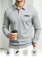 2pcs Men's Outdoor Casual Polo Shirt, Fashionable Jacquard Plaid Textured Polo Shirt with Random Plaid Fabric Texture Patchwork on Collar and Chest, Trendy Design, Spring and Autumn Warm Long-Sleeve Buttoned Knit Pullover, Street Vintage Versatile - Black+Light Grey