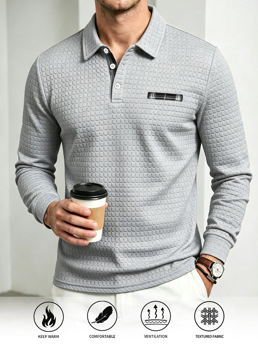 2pcs Men's Outdoor Casual Polo Shirt, Fashionable Jacquard Plaid Textured Polo Shirt with Random Plaid Fabric Texture Patchwork on Collar and Chest, Trendy Design, Spring and Autumn Warm Long-Sleeve Buttoned Knit Pullover, Street Vintage Versatile - Black+Light Grey