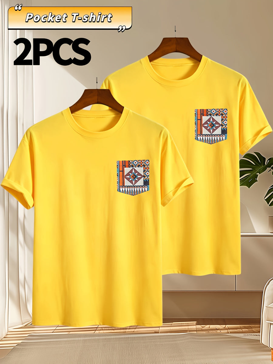 2pcs Men's Round Neck Pocket Short-Sleeve T-Shirt, Suitable for Summer Outdoor Casual Wear, Versatile Casual Knit Top, Men's Casual Pocket Design Sport T-Shirt - Yellow